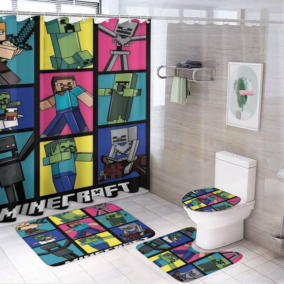 Minecraft Printed Shower Curtain Set Bathroom Decor with Non-Slip Mat, U-Shaped Bathroom Mat, Toilet Seat Cover, Waterproof Game Fan Bathroom Curtain, Shower Set with 12 Hooks, 72 x 72 Inches