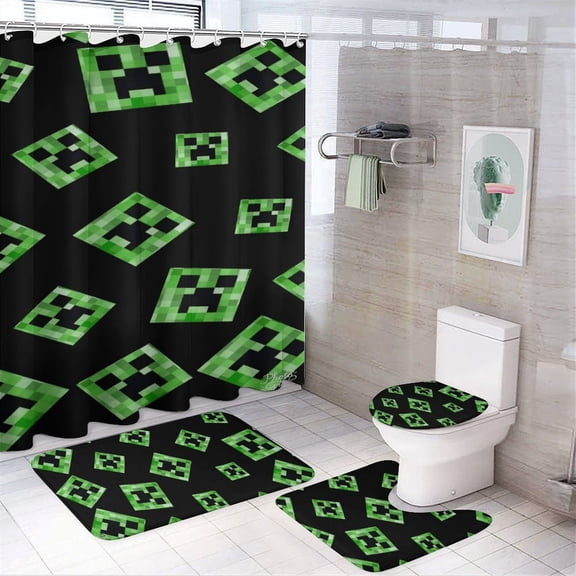 Minecraft Printed Shower Curtain Set Bathroom Decor with Non-Slip Mat, U-Shaped Bathroom Mat, Toilet Seat Cover, Waterproof Game Fan Bathroom Curtain, Shower Set with 12 Hooks, 72 x 72 Inches