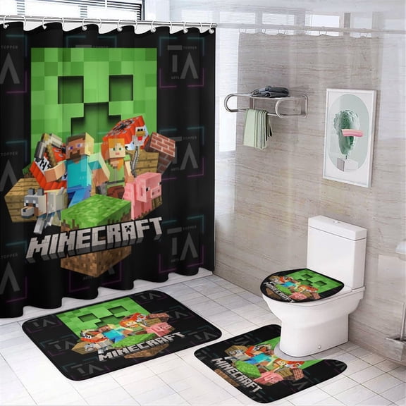 Minecraft Printed Shower Curtain Set Bathroom Decor with Non-Slip Mat, U-Shaped Bathroom Mat, Toilet Seat Cover, Waterproof Game Fan Bathroom Curtain, Shower Set with 12 Hooks, 72 x 72 Inches
