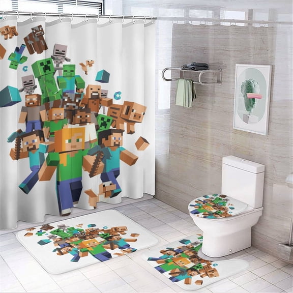 Minecraft Printed Shower Curtain Set Bathroom Decor with Non-Slip Mat, U-Shaped Bathroom Mat, Toilet Seat Cover, Waterproof Game Fan Bathroom Curtain, Shower Set with 12 Hooks, 72 x 72 Inches