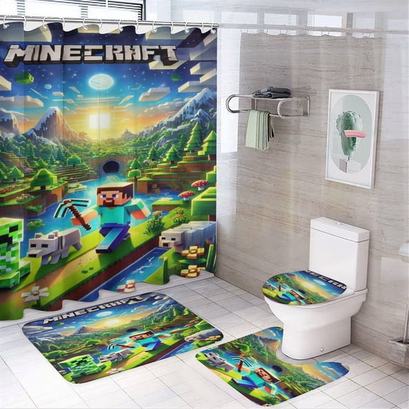Minecraft Printed Shower Curtain Set Bathroom Decor with Non-Slip Mat, U-Shaped Bathroom Mat, Toilet Seat Cover, Waterproof Game Fan Bathroom Curtain, Shower Set with 12 Hooks, 72 x 72 Inches
