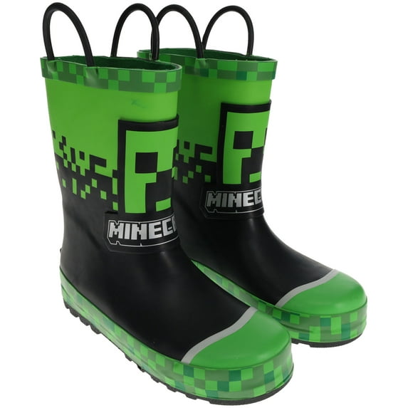 Minecraft Rain Boot for Kids, 100% Rubber Creeper Wellie Boot Waterproof, Green/Black, Big Kid Size 3/4