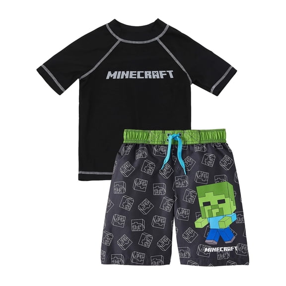 Minecraft Rash Guard Zombie Swim Trunks Swimsuit Set (Little Boy's)