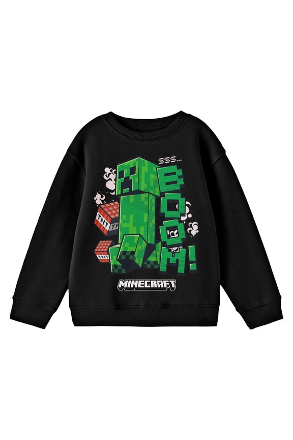 Minecraft SSS Boom Creeper Boy's Black Long Sleeve Sweatshirt-Large