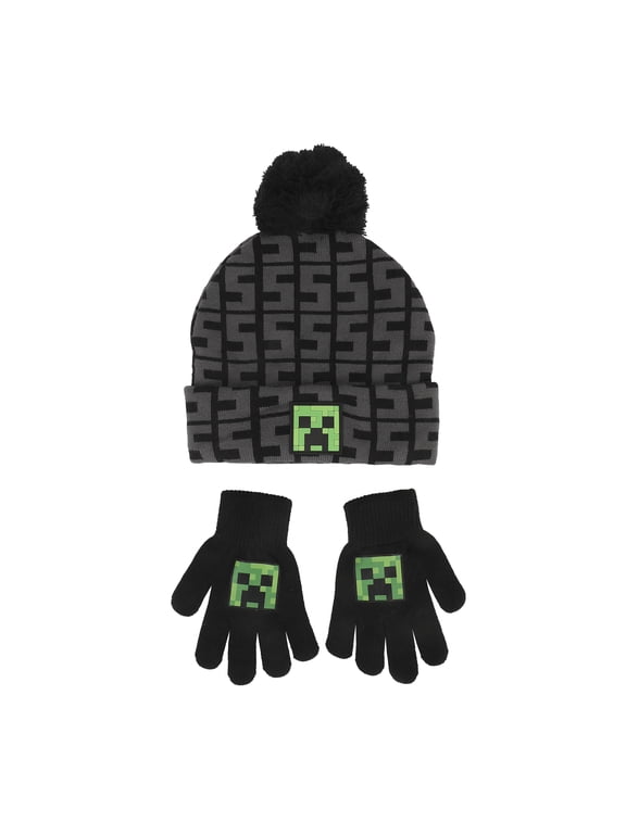 Minecraft SSSS Creeper Toddler Black 2-Piece Knit Beanie & Gloves Set