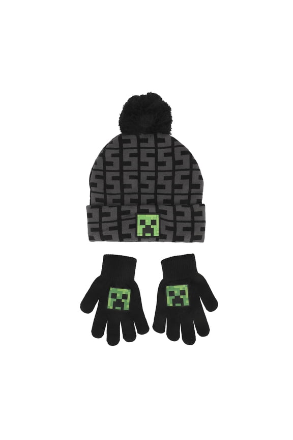Minecraft SSSS Creeper Toddler Black 2-Piece Knit Beanie & Gloves Set