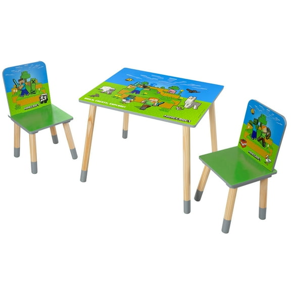 Minecraft: Seating Group Set - Table & 2 Chairs - Green & Blue, Kids Wooden Minecraft Set, Outdoor Game Scene Imagery, Children's Room Decor, Licensed
