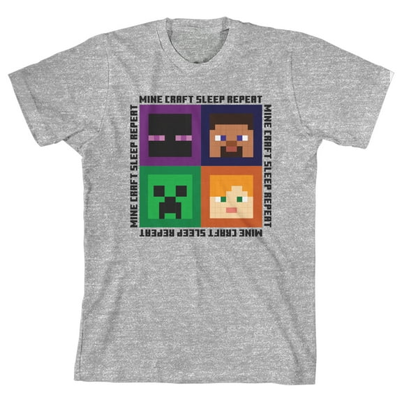 Minecraft Sleep Repeat Boy's Athletic Heather T-shirt-Small