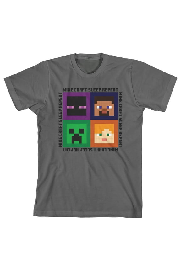 Minecraft Sleep Repeat Boy's Charcoal T-shirt-Medium