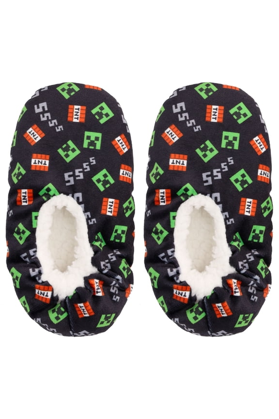 Sock Slippers for Kids, Allover Creeper Video Game Print, Black, Size Medium (10-13 Little Kid)