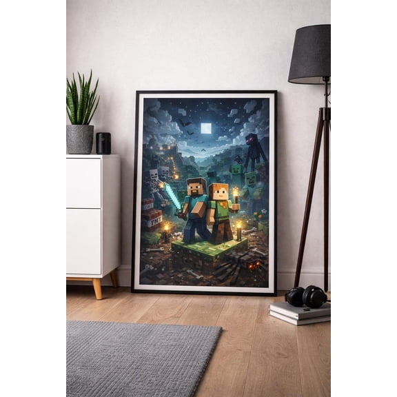 Minecraft Steve Alex Adventure Poster Night Scene Pixel Game Wall Art Gaming Decor Home Decor Bedroom Decor Survival Print Gift Size 24x36 Unframed Poster