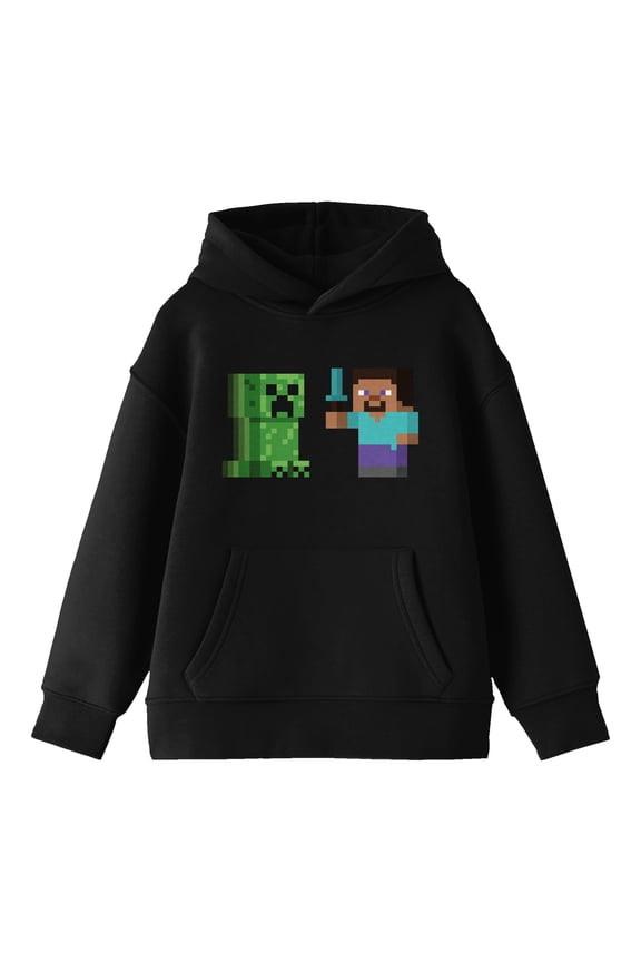 Minecraft Steve & Creeper Long Sleeve Youth Black Hooded Sweatshirt-XL