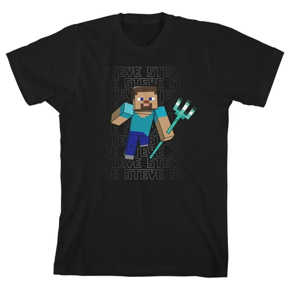 Minecraft Steve With Pitchfork Boy's Black T-shirt-Medium