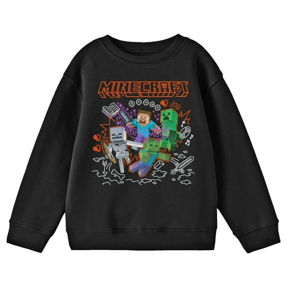 Minecraft Steve and Mobs with Doodle Background Youth Black Crew Neck Sweatshirt-Medium