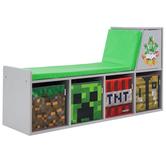 Minecraft: Storage Bench - Wooden Storage w/ Cushioned Reading Shelf, 4 Themed Storage Cubes, Seating & Organization In 1, Game Theme Dcor, Licensed