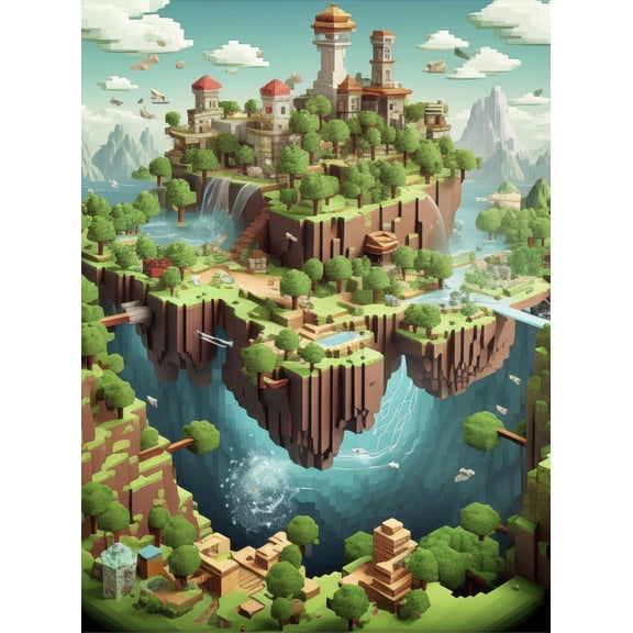 Minecraft Style Voxel World Landscape Gamer Room Wall Art Poster Print 24x36 UNFRAMED