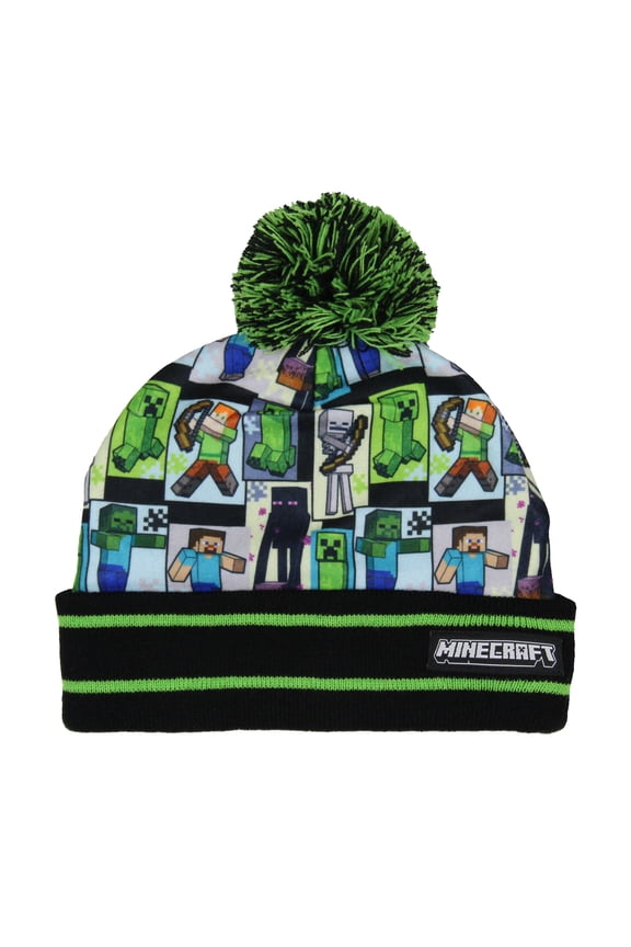 Minecraft Sublimated Character Graphic Kid's Novelty Knit Cuff Pom Pom Beanie Winter Hat Cold Weather Cap OSFM