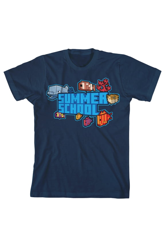 Minecraft Summer School Graphic Youth Boy's Navy T-Shirt-XS