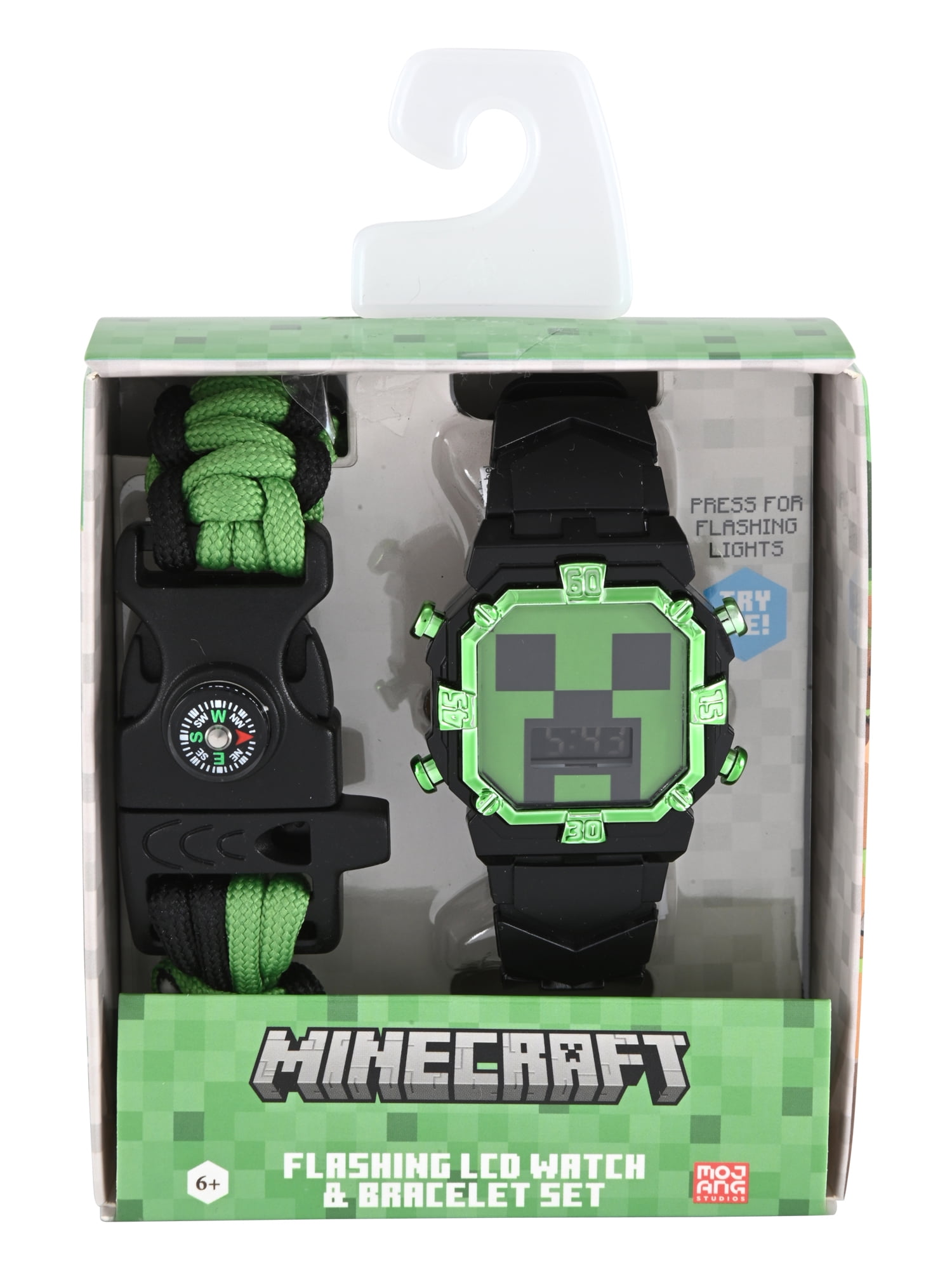 Minecraft Boys Black Silicone Strap Watch With Green Metallic Bezel and Matching Survival Bracelet; MIN40139WM