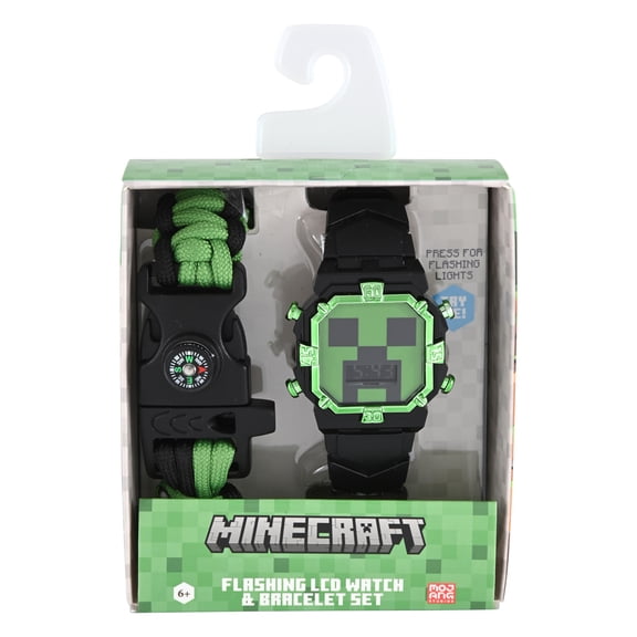 Minecraft Boys Black Silicone Strap Watch With Green Metallic Bezel and Matching Survival Bracelet; MIN40139WM
