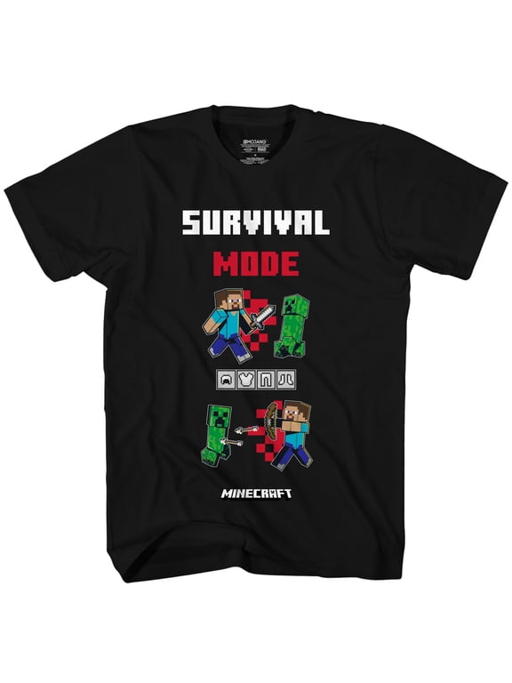 Minecraft Survival Mode Kids Graphic Short Sleeve T-Shirt - "How to Fight" Steve vs Creeper Action Scene Tee for Boys & Girls, Black / Youth X-Large