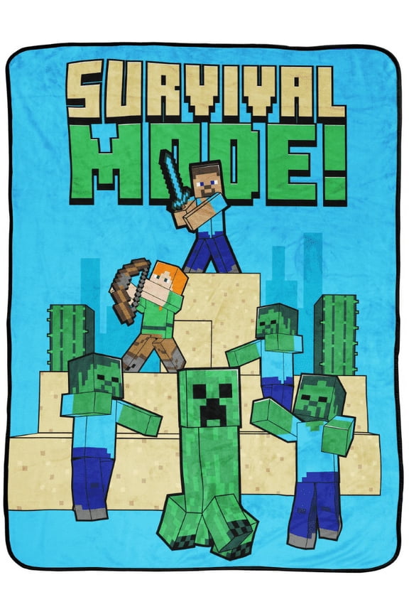 Survival Mode Silk Touch Throw, 40 x 50, Microfiber, Blue, Mojang, Gaming Bedding