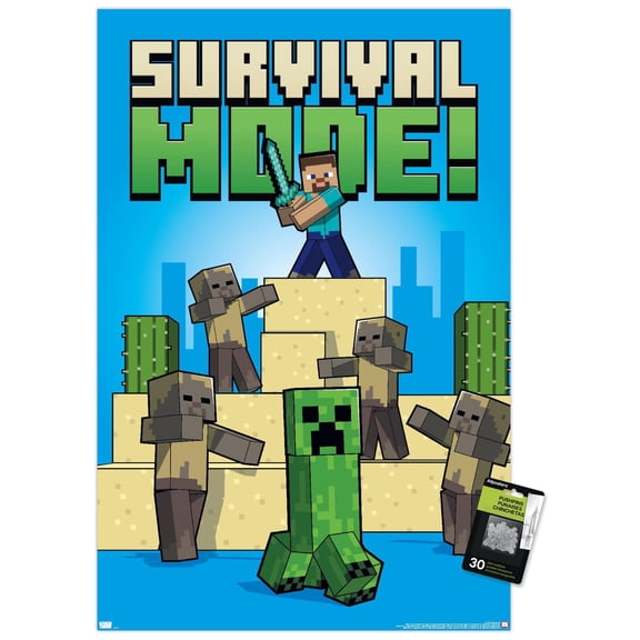 Minecraft - Survival Mode Wall Poster with Push Pins, 22.375" x 34"