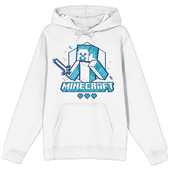 Minecraft Sword & Hearts Long Sleeve Adult White Hooded Sweatshirt-Large
