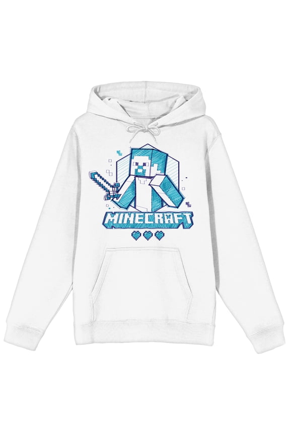 Minecraft Sword & Hearts Long Sleeve Adult White Hooded Sweatshirt-Medium