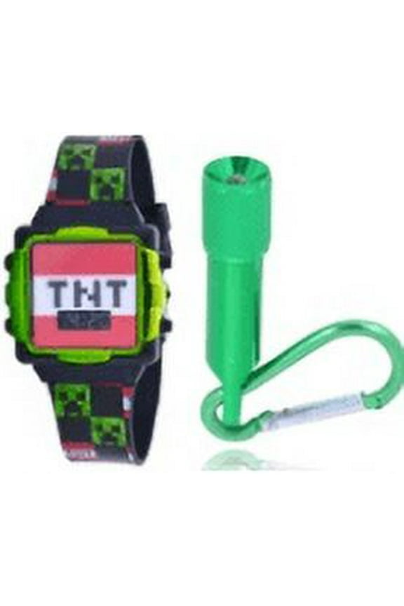 Minecraft TNT Creepr Unisex Flashing Black LCD Silicone Watch with Matching Flashlight 2 Piece Set