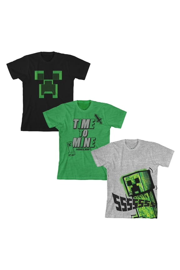 Minecraft Time To Mine Boy's 3-Pack Crew Neck Short Sleeve T-shirt Set 10/12 (L)