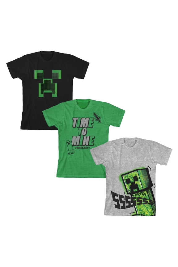 Minecraft Time To Mine Boy's 3-Pack Crew Neck Short Sleeve T-shirt Set 14/16 (XL)