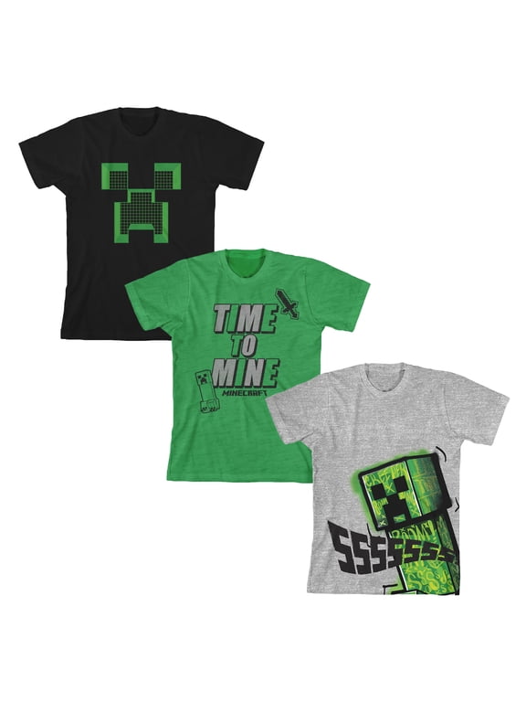 Minecraft Time To Mine Boy's 3-Pack Crew Neck Short Sleeve T-shirt Set 8 (M)
