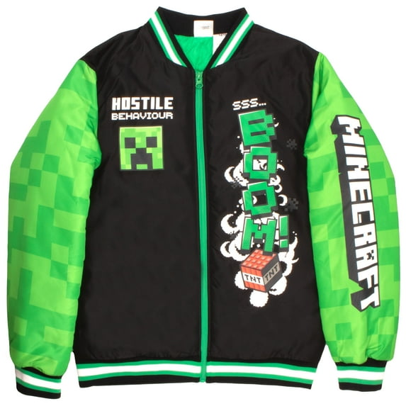 Minecraft Bomber Jacket for Boys, Zip-Up Creeper Varsity Jacket for Kids (Sizes 6-18)