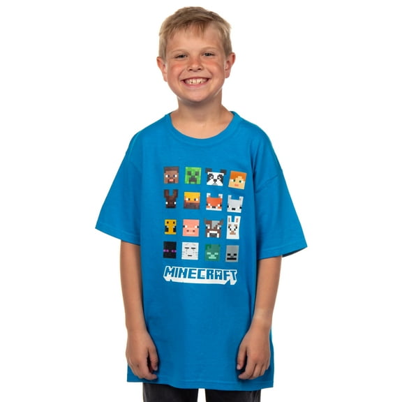 Minecraft Video Game T-Shirt Boys' Creeper Blaze Bee Llama Character Faces Grid Youth Tee