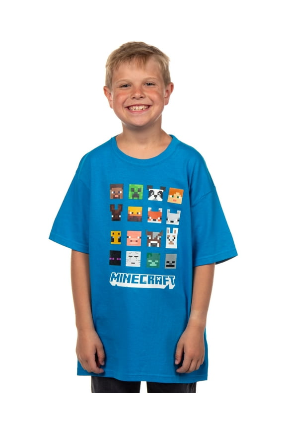 Minecraft Video Game T-Shirt Boys' Creeper Blaze Bee Llama Character Faces Grid Youth Tee