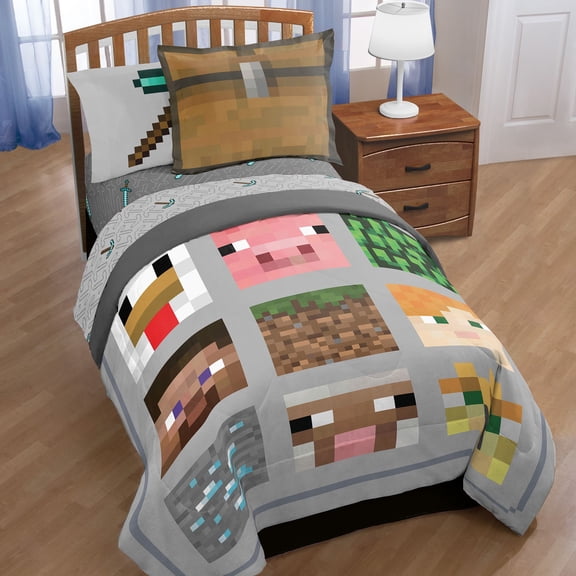 Minecraft Videogame Gray Microfiber Bedspread and Coverlet, Twin