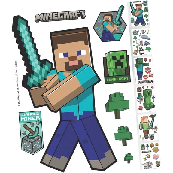 Minecraft: Wall-Clings - 50+ Vinyl Stickers, Wall Decals, Characters-Objects-Landscape Game Themed Designs, Room Decor, Self-Adhesive, Licensed