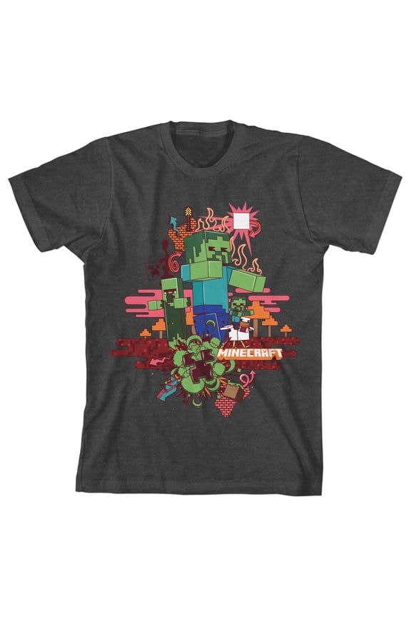 Minecraft Zombie Mixed Graphics Boy's Charcoal Heather T-shirt-Small