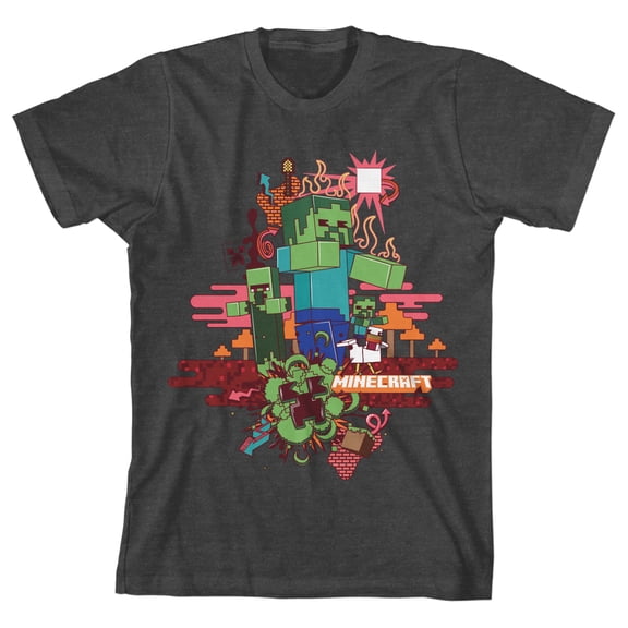 Minecraft Zombie Mixed Graphics Boy's Charcoal Heather T-shirt-X-Large