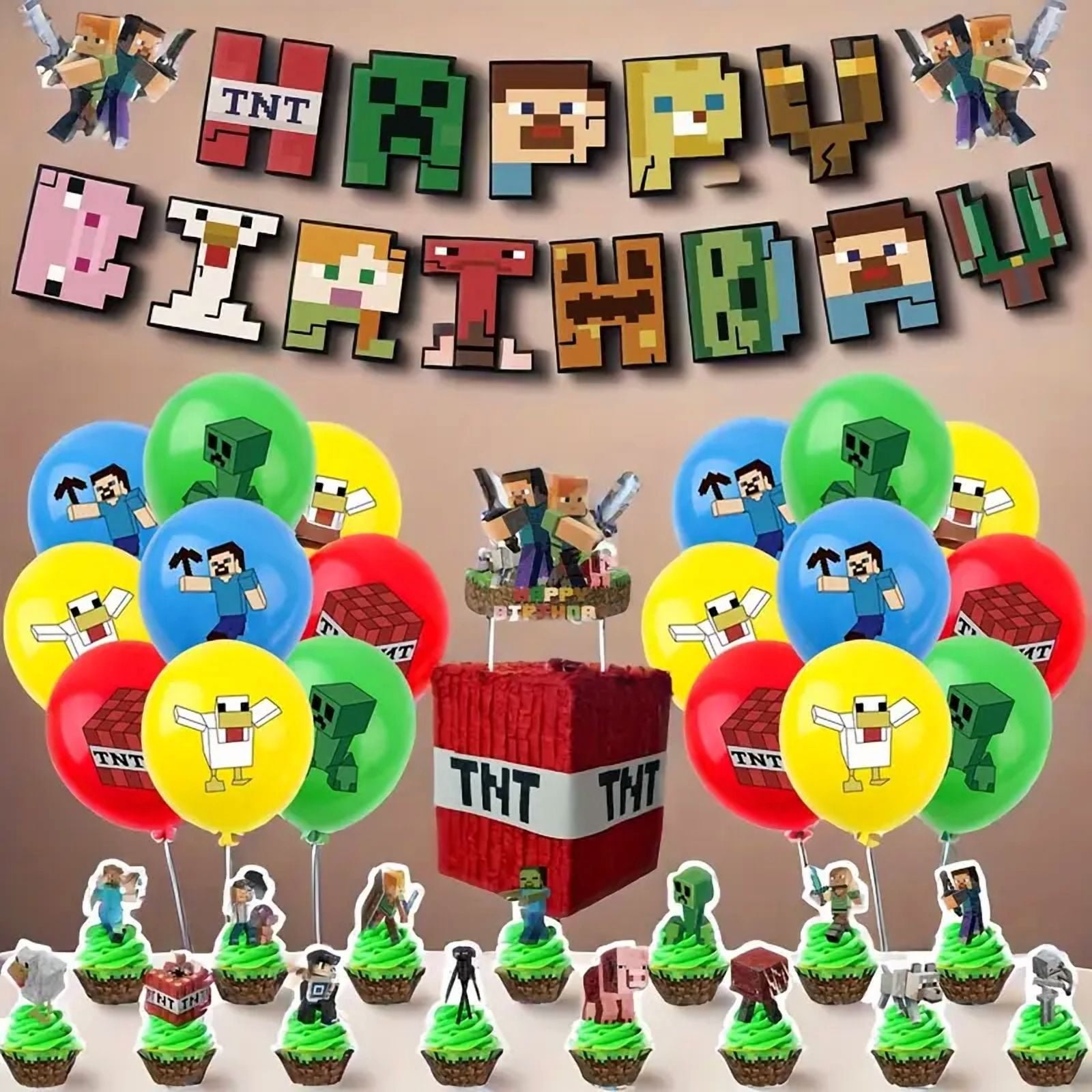 Minecraft block-based game Birthday Party Decorations - Pixel Warfare Banners, Balloons \u0026 Table Cover Set