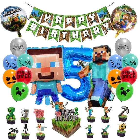 MinecraftBalloons Birthday , Gaming Birth-day Decoration 5 Years Boy Girl Game Theme Party Accessory Set Includes Happy Birthday Banner Balloons Tablecloth Party Decoration Set