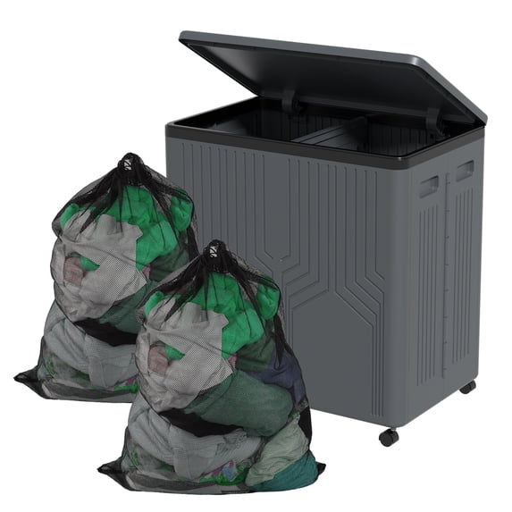 Minekkyes 120 L Plastic Divided Laundry Hamper with Removable Bags, 2-Section Dirty Clothes Laundry Basket with Wheels, Collapsible Lidded Laundry Organizer, Gray