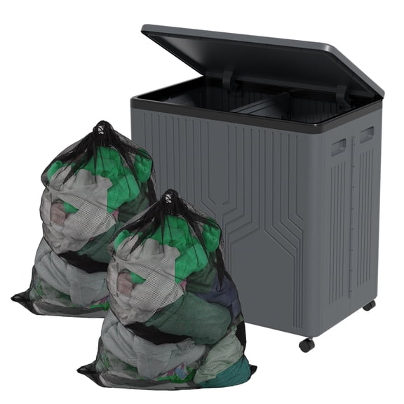 Minekkyes 120 L Plastic Divided Laundry Hamper with Removable Bags, 2-Section Dirty Clothes Laundry Basket with Wheels, Collapsible Lidded Laundry Organizer, Gray