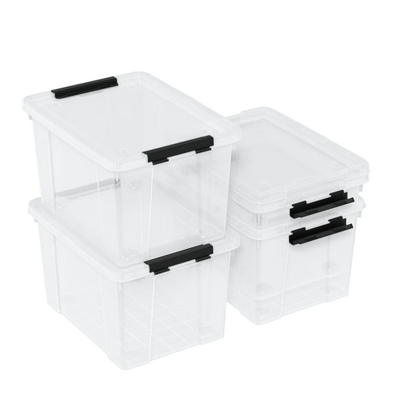 Minekkyes 22 Quart Stackable Plastic Storage Bins with Lids and Latching Buckles, 4 Pack Tubs Boxes Organizing, Clear