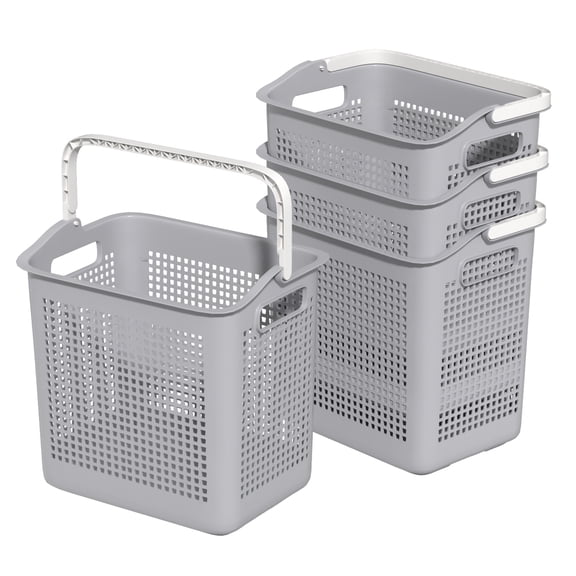 Minekkyes 40 L Easy to Carry Plastic Laundry Hamper, 4-Pack Dirty Clothes Storage Basket with Handles, Gray