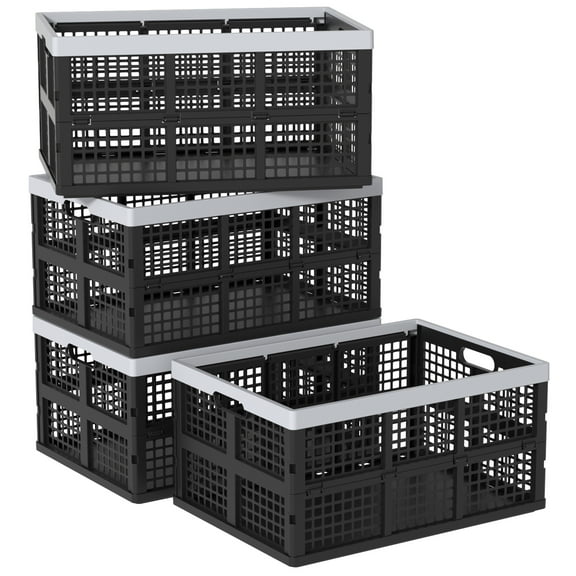 Minekkyes 66 L Large Folding Storage Crate, Plastic Collapsible Crates, Set of 4, Black