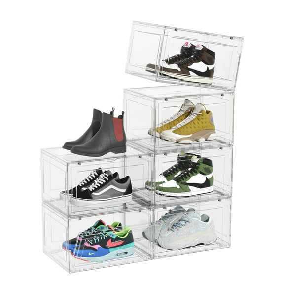 Minekkyes Shoe Storage Box For Sneaker Display, Clear Plastic Stackable Shoe Containers, Drop Front Shoe Organizer with Clear Door, 6 Pack
