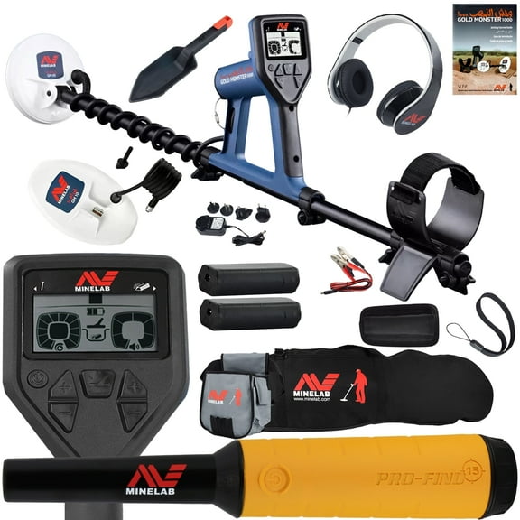 Minelab GOLD MONSTER 1000 w/ Pro Find 15, Carry Bag, Finds Pouch, 2 Search Coils