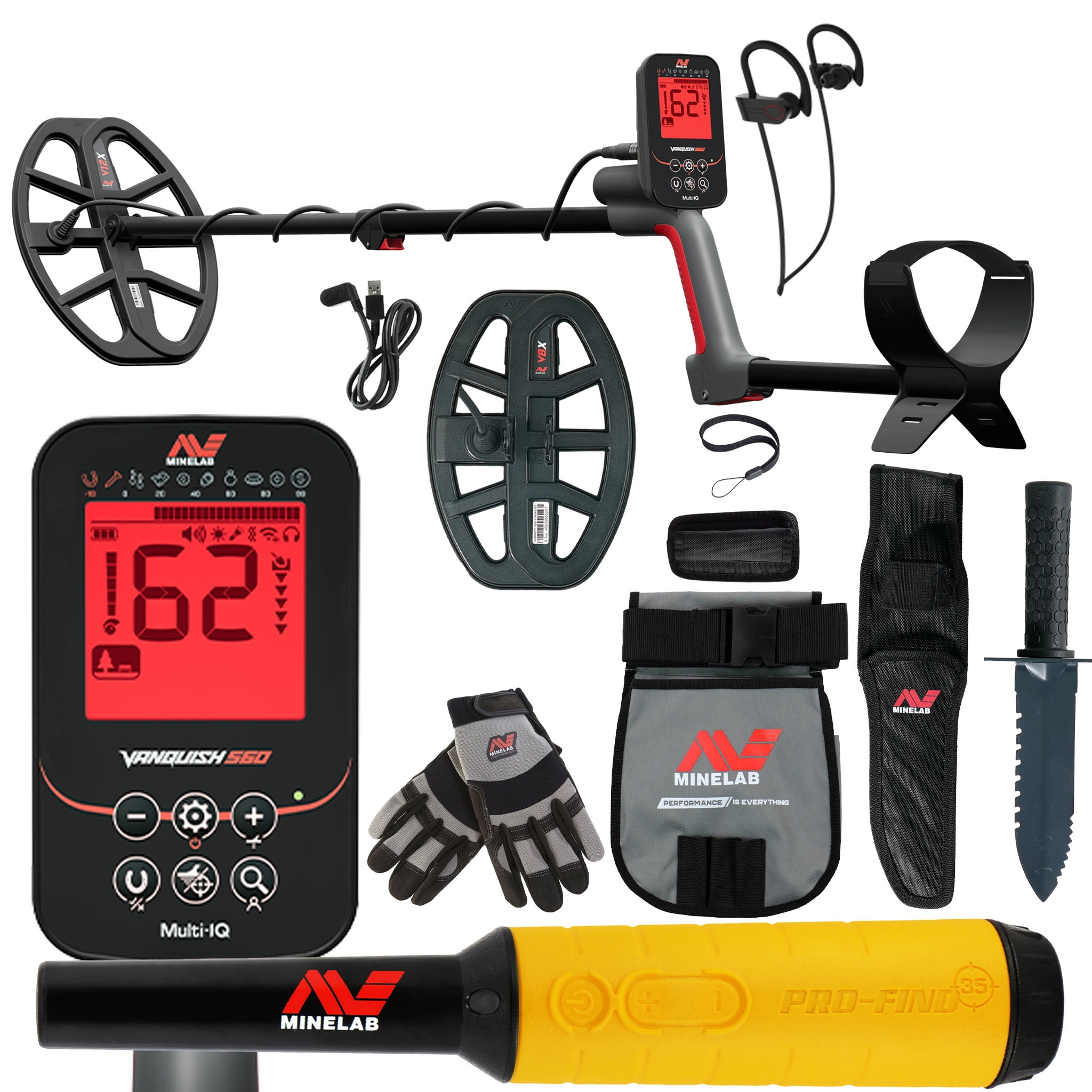 Minelab VANQUISH 560 Pro Pack Waterproof Multi-Frequency Metal Detector with V12x and V8x Coils, PRO-FIND 35 Pinpointer, and Adventure Pack